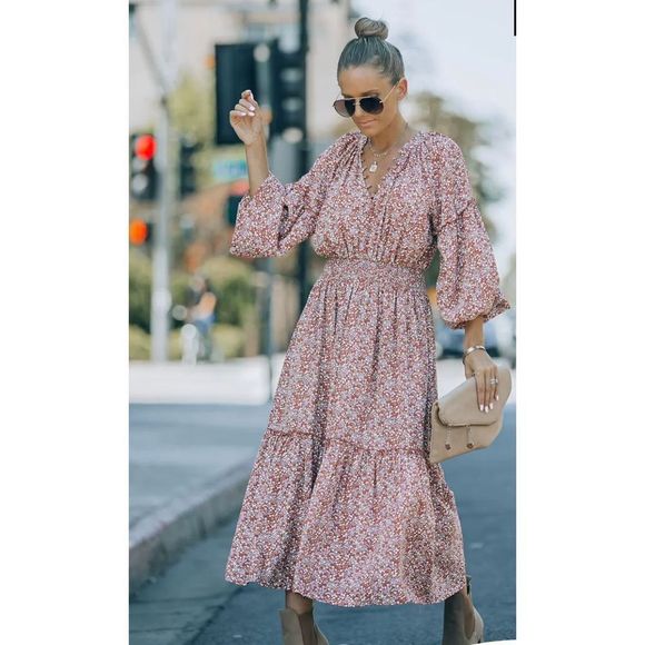 Vici Dresses & Skirts - Smocked floral ruffle midi dress NWT size small